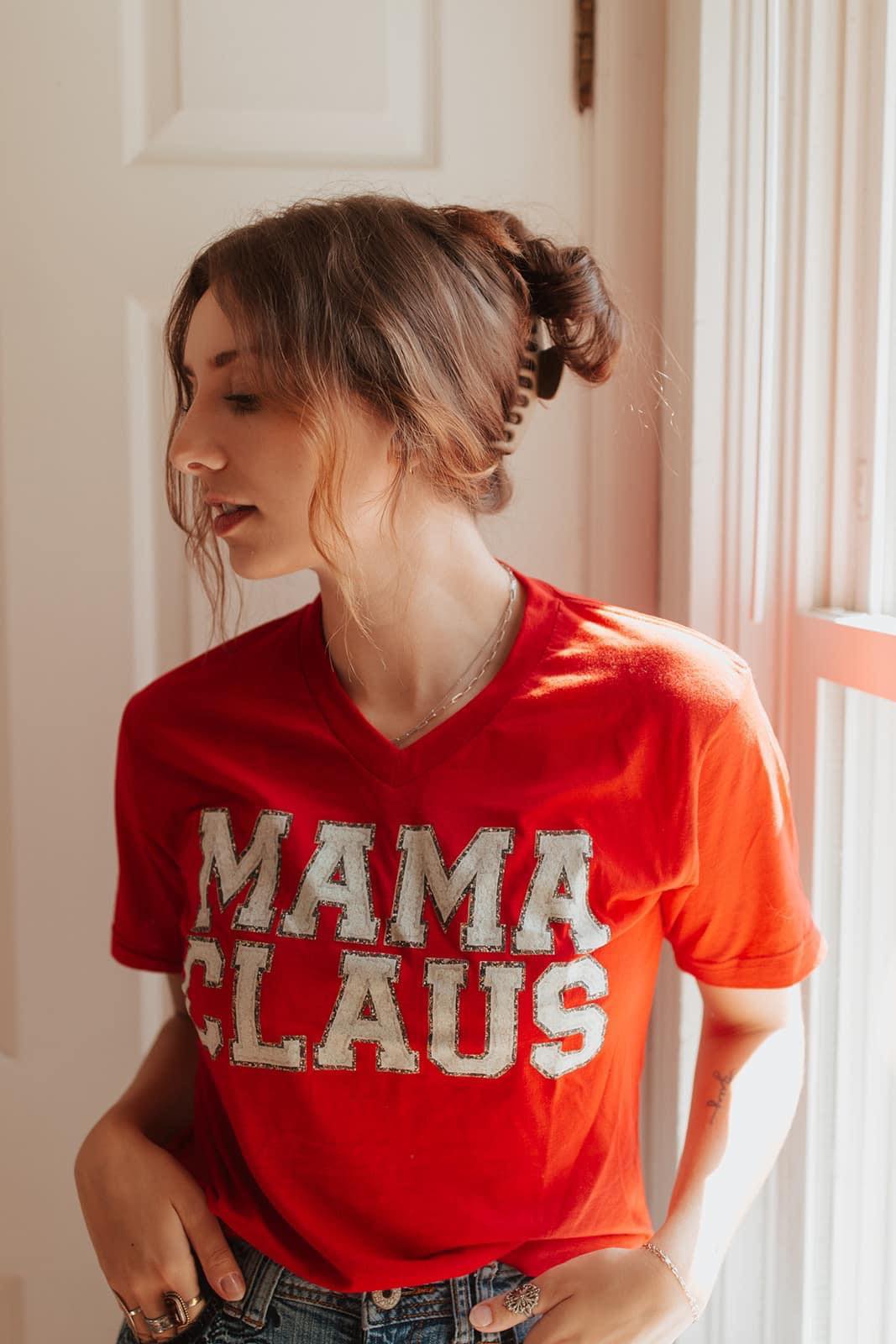 [MAMA CLAUS] V-Neck Tee Shirt w/ Faux Patches